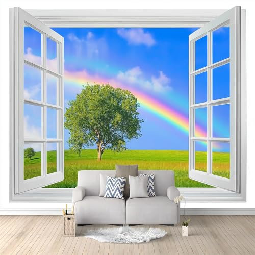 Papier Peint Panoramique 3D 300 x 210 CM (L x H) Papier Peint Intissé Tapisserie Poster Mural Fenêtre arc en ciel 3D Champ vert pour Salon Chambre Décoration Murale, Style paysage naturel