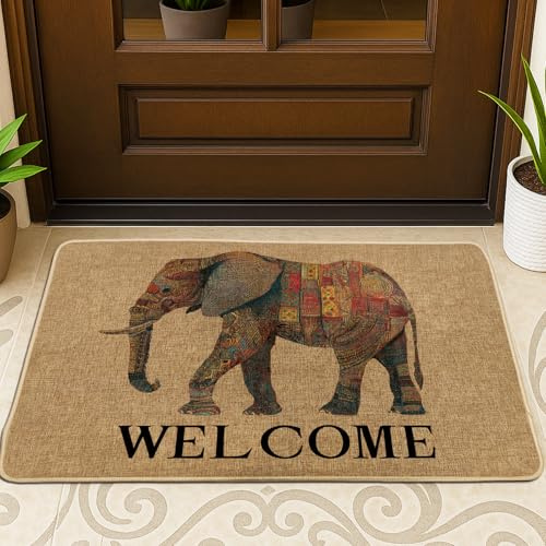 Fußmatte mit buntem Elefant, rustikales Braun, für Innen- und Außenbereich, für alle Jahreszeiten, Gummi, wasserdicht, rutschfest, staubabsorbierend, leicht zu reinigen, 73,2 x 43,2 cm