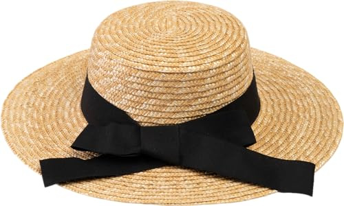 DIVINA Italian Design B22018 - Sombrero de paja Dalia, color beige natural con detalles negros, talla única, beige, Talla única