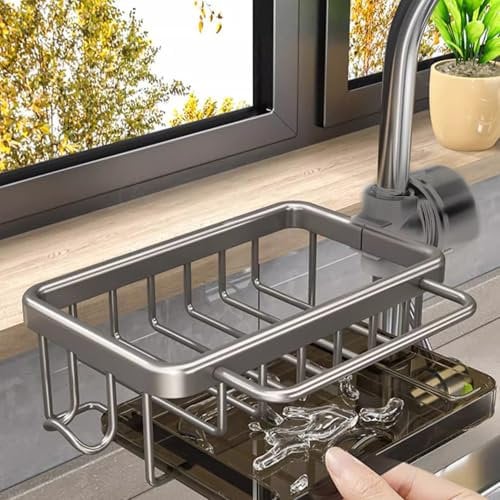 Ligeinsrk Sink Faucet Organizer Kitchen Caddy Multifunction Sponge Holder Adjustable Detachable Sponge Holder for Kitchen Faucet, Sink Organizer for 0.7-1.1in Water Pipe, caddy