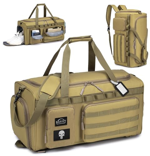 BAGZY Arbeitstasche Herren 55L Taktische Reisetasche Sporttasche mit Rucksackfunktion Einsatztasche Polizei Trainingstasche mit Schuhfach Nassfach Groß Rucksack für Gym Fitness Weekender Khaki