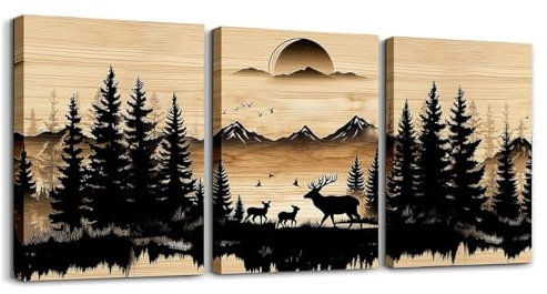 Homewish Rustikale Kabine Bild für Badezimmer Bauernhaus Hirsch Drucken Leinwand Bilder Jagd Wildtier Thema Wandbild Schlafzimmer Wald Pine Tree Drucken Poster für Büro Flur Küche 40x30cmx3Pcs