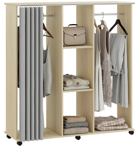 HOMCOM Mobiler Kleiderschrank 6 Rollen 120x40x128cm Naturholz | Holz-Kleiderschrank