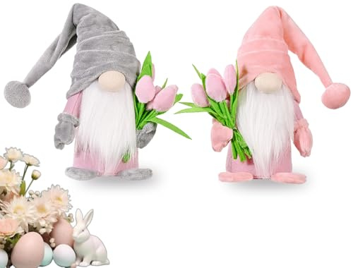 ChunDA 2 Stück Wichtel Frühling mit Tulpen, Niedliche Wichtel Frühlingsdeko | Osterwichtel Frühlingswichtel Geschenk für Muttertag Valentinstag Frühlingsfeste
