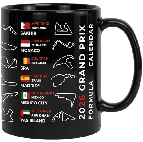 Taza de café de cerámica negra con calendario de Fórmula 1 de F1 para hombre, diseño de F1, muestra las fechas de carrera, países anfitriones y diseños para 24 circuitos. Diseñado específicamente para