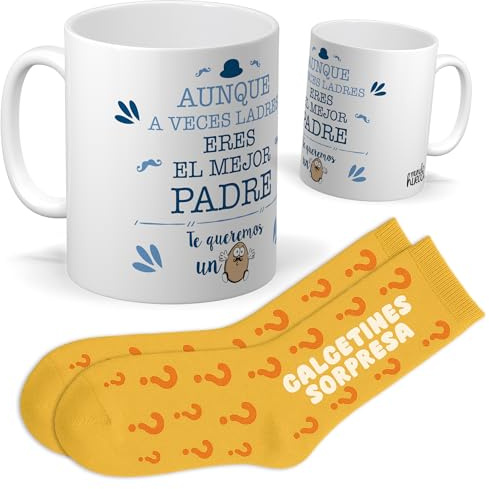 Set para Papá | Taza Aunque a veces ladres eres el mejor padre + Calcetines Sorpresa | Regalo Original y Divertido para Hombre | Día del Padre, Navidad y Ocasiones Especiales con Familia