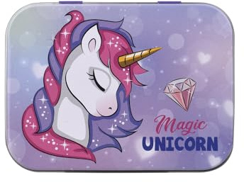 Home-Flair Kinder Pflaster-Box mit 24 bunten Motiv-Pflastern in Metalldose – Hautfreundlich & Wasserabweisend – Motive: Paw Patrol, Hello Kitty oder Glücksbärchis (Einhorn Lila, 2 Boxen)