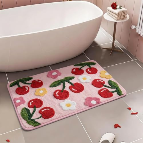 agctrler Rosa Badezimmerteppich Kirsche Badematte rutschfest Waschbar Badteppich Bunt Badvorleger Weiche Mikrofaser Duschvorleger Absorbierende Badezimmer Teppich 40 x 60cm
