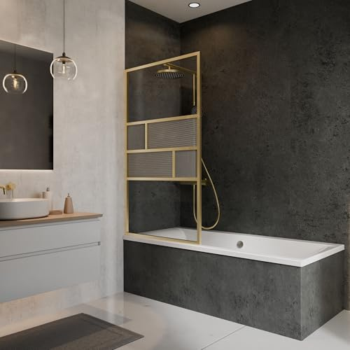 Schulte Badewannenaufsatz 80x140 cm Gold Matt – Duschwand Badewanne ESG Sicherheitsglas 6 mm, Glasdekor Carvella geriffelt, 1-teilig, Spritzschutz, inkl. Montagematerial
