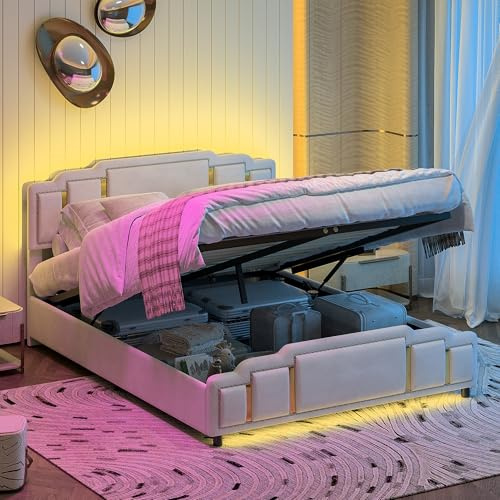 UwvEranthropy Polsterbett 140x200cm mit Stauraum und LED Beleuchtung, Hydraulisches Doppelbett mit Goldenen Akzenten, Luxus Samtbett mit Musik-Sync & App-Steuerung, Beige (Boxspringbett, 140x200cm)