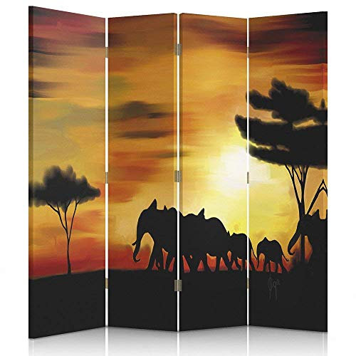 Feeby Paravent Afrika Elefanten 145x180 cm 4 Teilig Modern Design Beidseitig Raumteiler Wandschirme Foto Trennwand Raumtrenner Sichtschutz Spanische Wand auf Leinwand Bedruckt Sonnenuntergang Orange
