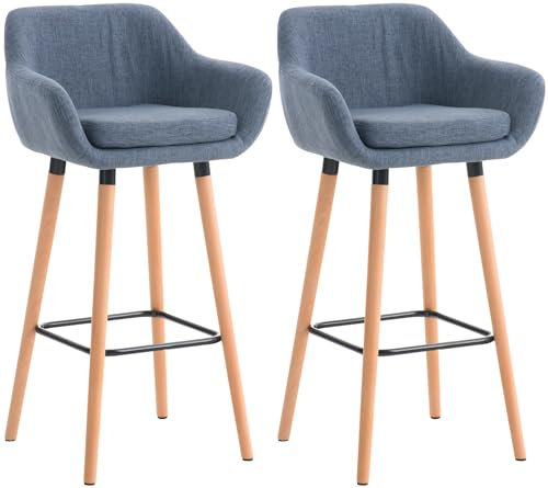 CLP 2er Set Barhocker Grant I Thekenhocker Mit Stoff-Bezug I Buchenholz-Gestell, Farbe:blau