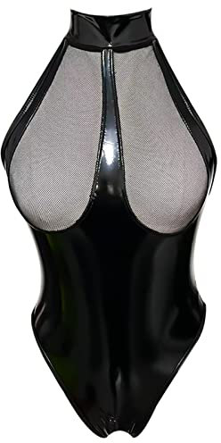 Damen Wetlook Leder Bodysuit Brust Harness PU Leder Halsband mit Kette Erotik String Body Unterwäsche Gogo Unterwäsche Clubwear mit Neckholder, Style 1, XXL