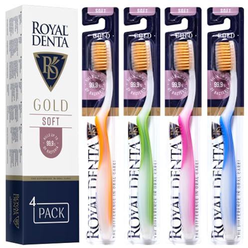 Royal Denta Gold Zahnbürsten mit weichen Borsten 4er-Pack - Doppellänge Borsten für effektive Interdentalreinigung, Goldpartikel gegen Bakterien, Weiche Bürste für empfindliche Zähne, Mehrfarbig