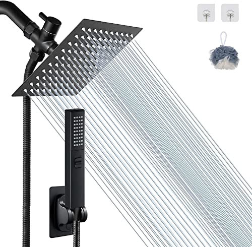Shower Head, Bellearlly 8'' High Pressure Rainfall Stainless Steel Shower Head / 3 Settings ON/Off Handheld Shower Combo with Shower Holder and 78'' Hose (Black)