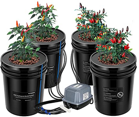 VIVOSUN DWC Hydroponics Grow System con kit antigoccia superiore, 5 galloni di coltura profonda, sistema di ricircolo del giardino con tubo dell'aria multiuso, pompa ad aria e pietra porosa (4 secchi
