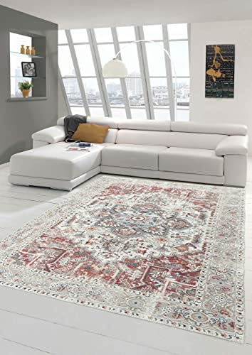 Teppich-Traum Modern klassischer Teppich mit orientalischen Verzierungen & Ornamenten in Creme rot orange Größe 140x200 cm