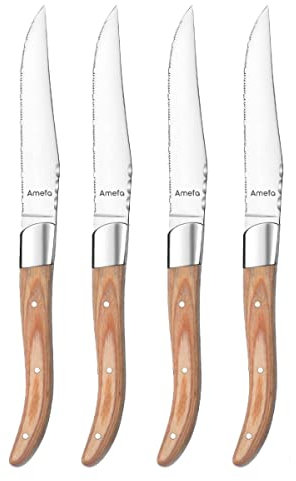 Amefa Royal Steak Steakmesser Set 4-teilig Pakka-Holzgriff | Messer mit mikrogezahnter Klinge | Messer für Steak, Fleisch und Pizza | Steak Messer