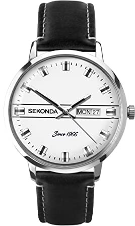 Sekonda Herren Quarzwerk Armbanduhr, 40.00mm GehäusegröÃŸe mit Silber analog Zifferblatt und schwarz Leder Armband 1948