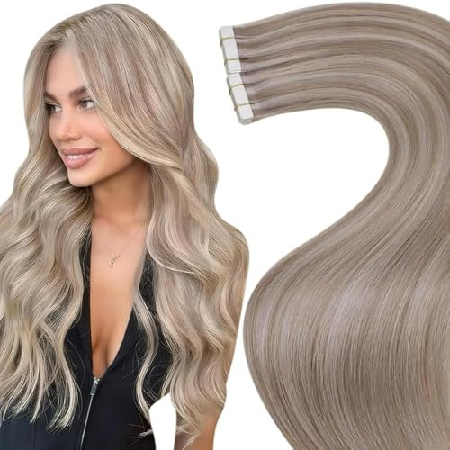 LaaVoo Extensions Echthaar Tape Blond Highlight Remy Tape in Extensions Echthaar Aschblond mit Platinblond Strähnen #19/60 Blond Tape in Hair Extensions Echthaar Glatt 50g 20pcs 35cm