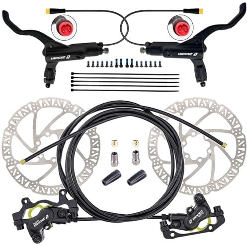 CooMeng Zoom H876E 2-PIN 4-Pistons E-Bike Electric Power-Off Hydraulic Brake Set with 180mm Rotors, Pre-Bled Hydraulic Disc Brake Caliper Lever for eBike (Included Mounting Adapter) - Black