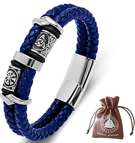 DPGOLDP Wikinger Lederarmband mit Edelstahl Celtic Knot & Vegvisir Runen Perlen Amulett Armbänder für Herren Damen,Blau,205mm