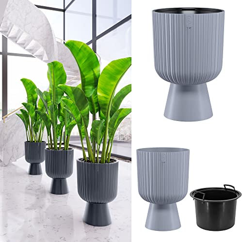 YULKA Großer und dekorativer Blumenübertopf mit herausnehmbaren Einsatz 2in1, 3D-Textur, Kelchform | Blumenkübel Blumentopf | für draußen und innen, frostbeständig | Farbe: grau