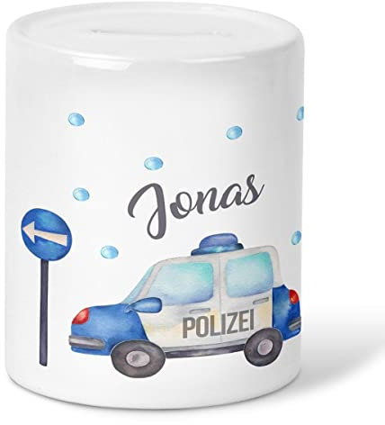 Mikalino Kinder Spardose Polizeiauto mit Wunschname Geschenke Geschenkideen Sparschwein - handbedruckt in Deutschland, Farbe:weiss, Grösse:onesize