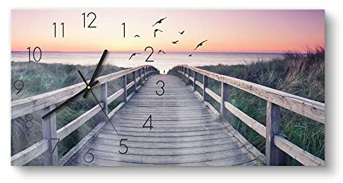 DEQORI Glasuhr | vertikal 60x30 cm | Motiv Dünenweg im Abendlicht | große XXL Design Uhr aus Glas | leise Wanduhr für Wohnzimmer & Küche | moderne Hingucker Uhr für die Wand