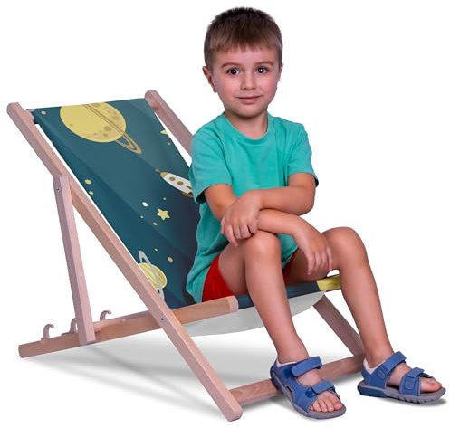 DreamRoots Kinder Liegestuhl Holz Gr. S, Galaxy | Klappbarer Campingstuhl faltbar, für Garten & Strand, bis 130 kg, waschbarer Bezug, 100% Polyester, UV-beständig, Kinderliege