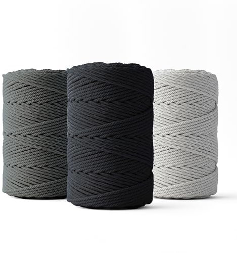 LEDENT Makramee Garn (2mm, 3 x 70M, Set mit 3 Farben: mausgrau, Graphit & schwarz) - Doppelt gedrehtes Seil aus 100% Recycelter Baumwolle zum Basteln
