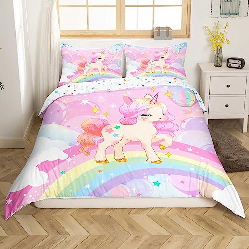 Einhorn Mädchen Bettwäsche Mädchen 135x200cm Rosa Einhorn Regenbogen Bettbezug Kinder Kawaii Nette Cartoon Pferd Bettwäsche Set Galaxy Sterne Magische Tier Zimmer Dekor Bettwäsche mit 1 Kissenbezug