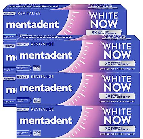 Mentadent White Now Revitalize Dentifricio Sbiancante Contro Ingiallimento Denti per Smalto Naturale Sbiancamento Temporaneo - 6 Flaconi da 75ml