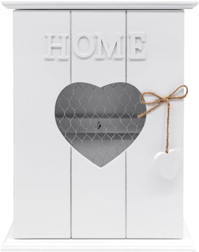 Maison Des Cadeaux White Wooden 'Home' 6 Key Hook Holder, Hangable Key Storage Box Heart Keyhole, Home Wall Decor