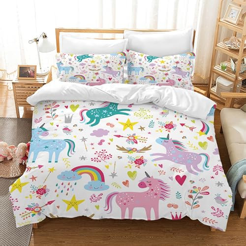 HZVRTN Kinder Bettwäsche Einhorn Bettwäsche Set für Mädchen, Soft Mikrofaser Bettbezug mit Reißverschluss Kissenbezug, 3D Einhorn Cartoon Bettwäscheset (200x200cm, Einhorn A)