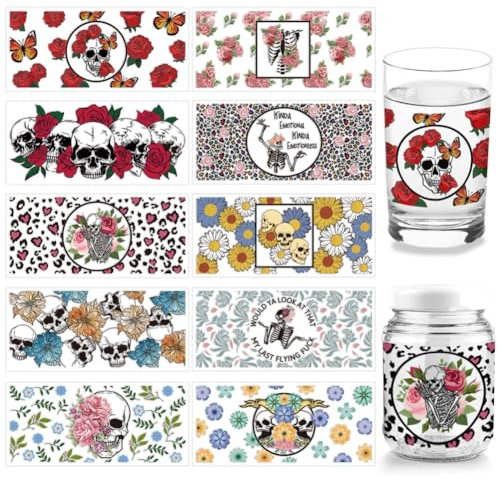 arricraft 10 Stück 10 Stile UV DTF Cup Wrap Transfer Aufkleber, Blumenschädel-Cup-Transferpapier, Rub-On-PVC-Transferaufkleber Cup-Wrap-Aufkleber, Wasserfeste Rubbelaufkleber Für Bastelglas