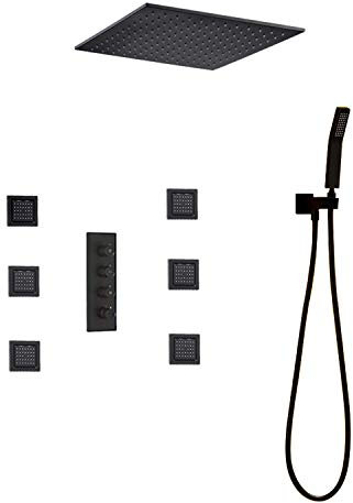 Duschsystem, modernes schwarzes Duscharmatur-Set, Thermostatmischer, Wasserhahn, 16-Zoll-Duschkopf und 6 Körperbrause und Handbrause, luxuriöses Duschset