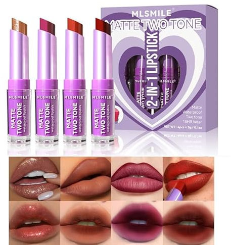 2 In 1 Lipstick, Two-tone Shimmer Lipstick Pearlescent Velvet Moisturizing Non-stick Cup Lip Balm Gradient Bite Lip Lipstick Long-lasting High-Pigment Color Lipliner Lip Gloss (Set B)