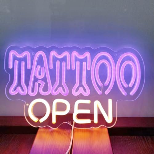 Insegna al neon con tatuaggio viola, luce al neon a LED bianca calda aperta con interruttore dimmerabile, cartello in acrilico per negozio di tatuaggi, per saloni di tatuaggi, studi,35 x 19,8CM