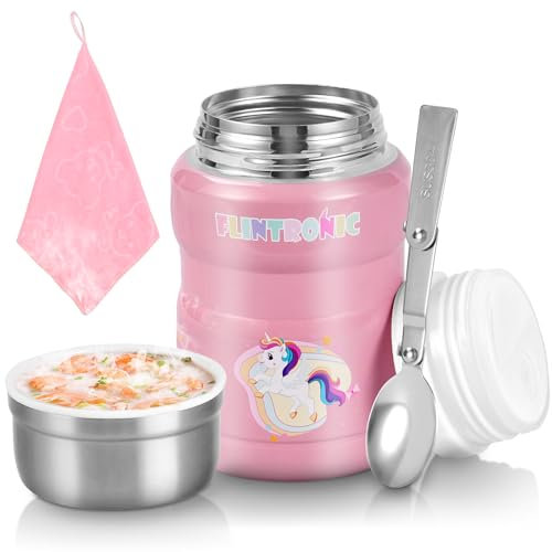 flintronic Termo de Comida Caliente Aislado al Vacío - 500ML Frasco Tarro de Acero Inoxidable de Doble pared, sin BPA, con Bolsa Aislada e Cuchara Plegable para Escuela, Oficina, Viajes (Rosa)