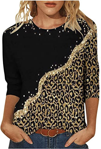 TRIGLICOLEUM Angebote des Tages Heute 3/4 Arm Tshirt Damen Shirt Mode Leopard Druck Oberteile Bluse Sommer Basic T-Shirts Tunika Tops Rundhals Pullover T-Shirt Slim Fit Damenblusen T Shirts Longbluse
