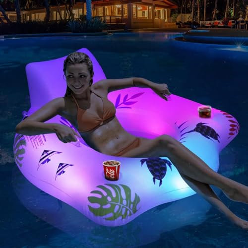 Inflatable Pool Floats Chair With Color Changing Light, Solar Powered Water Floats For Adults With 2 Cup Holders & 2 Armrests, Water Float Hammock, Beach Float Pool Sofa 47x47 Inch