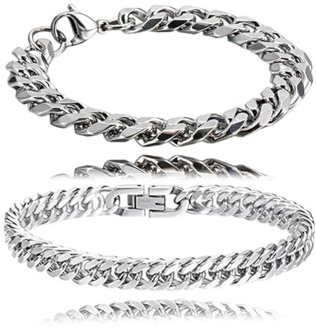 2 PCS Edelstahl Armband, Herren Jungs Edelstahl, Silberkette anlaufgeschützt für Ihn Dad Freund Ehemann Bruder