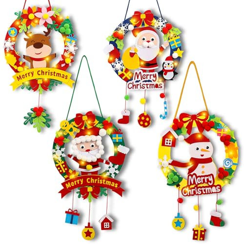 Bastelset Weihnachten Kinder,4 Filz Bastelset Kinder Winter,Weihnachtskranz Bastelset Beleuchtet,Weihnachten Basteln Kinder,Weihnachts Basteln Anhänger für Kinder,DIY Türkranz für Tür Haustür Fenster