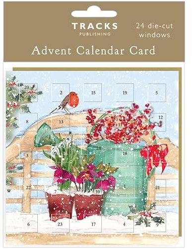 Countdown to Christmas Kleine 24 Tirige Adventskalenderkarte, 16 x 16 cm, mit Umschlag von Tracks Publishing i hergestellt in Groibritannien i umweltfreundlich (Rotkehlchen im Garten)