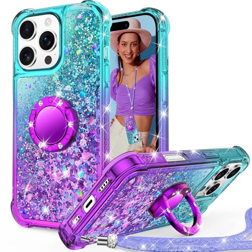 Unlicaku for iPhone 16 Pro Case, with Ring Women Girls Bling Holographic Sparkle Glitter Cute Cover, Diamond Ring Protective Phone Case for iPhone 16 Pro, Purple