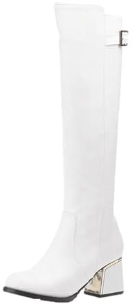 Hgvcfcv Stivali al ginocchio da donna con fibbia e cerniera stivali alti al ginocchio da donna, bianco, 45 EU