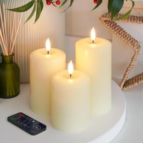 Ember Candles™ 10cm, 12.5cm & 15cm Signature Ivory LED Indoor Flickering Battery Candles – 100% Real Wax, Ultra-Realistic, Flameless, Hand-Poured Design, 6-Hour Timer (with Remote Control)