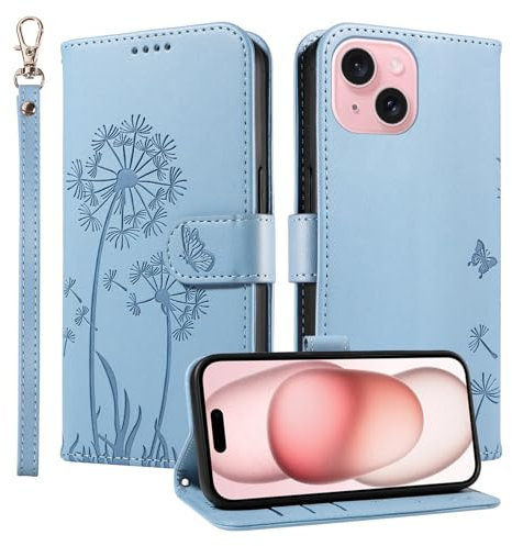 Trugox Wallet Case for Apple iPhone 15 Phone Case Leather Dandelion with Credit Card Holder Purse Kickstand Folio Book Folding Flip Case Cover Women Shockproof - Azure