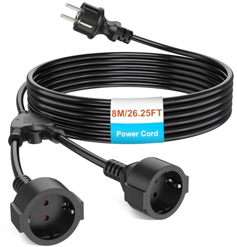 Verlängerungskabel mit 2 Schuko Steckdosen, Verlängerungskabel 8M, Berührungsschutz für Innen, IP20, 1mm², 250 V, 16 A, 3680 W - Schwarz